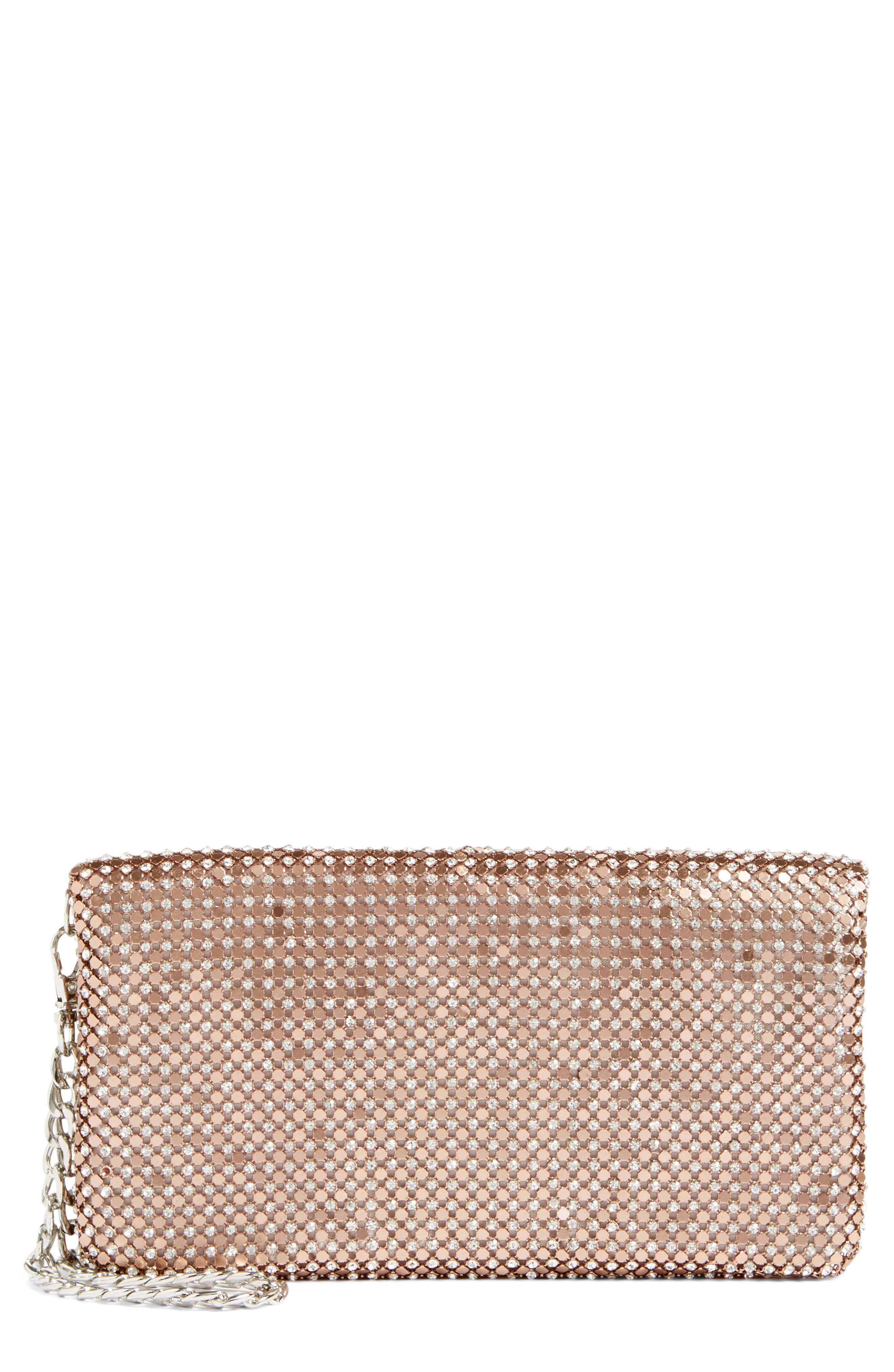 Crystal Mesh Foldover Clutch, Main, color, ROSE GOLD