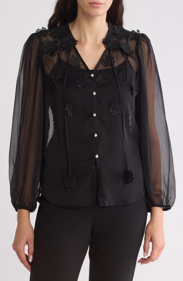 Adrianna Papell 3D Flower Long Sleeve Button-Up Top, Main, color, 