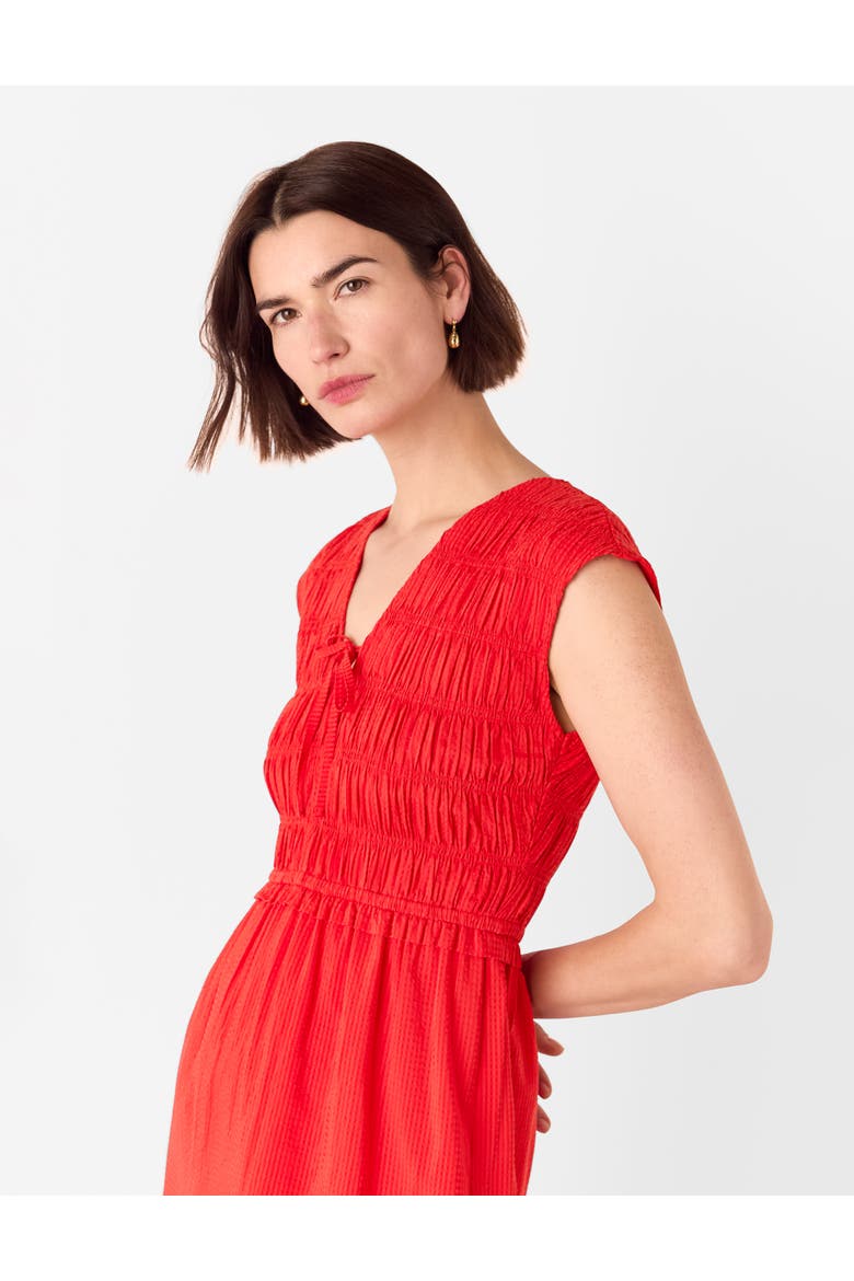 Shirred Bodice V-Neck Midi Dress, Alternate, color, Red