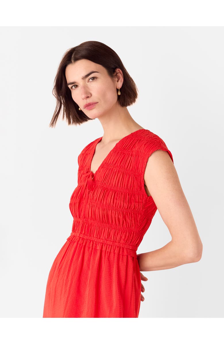 Whistles Shirred Bodice V-Neck Midi Dress, Alternate, color, Red