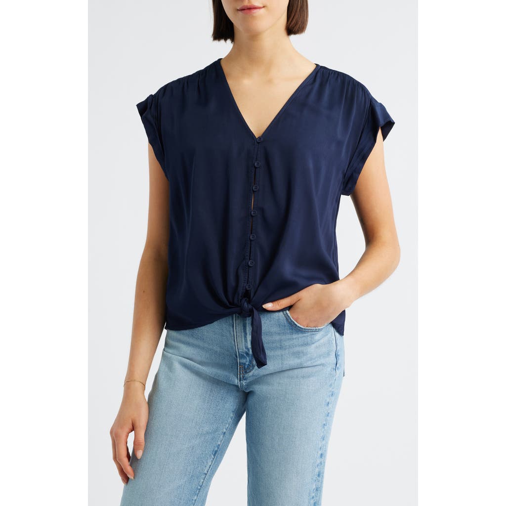 Cloth & Stone Cap Sleeve Tie Hem Button-Up Top in Midnight Indigo  product