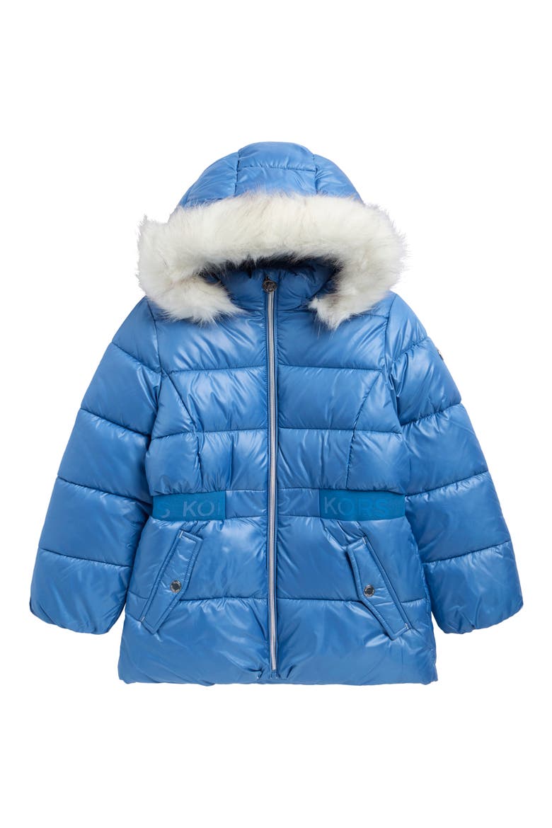 Kids' Faux Fur Trim Logo Waist Puffer Coat, Main, color, VINTAGE BLUE