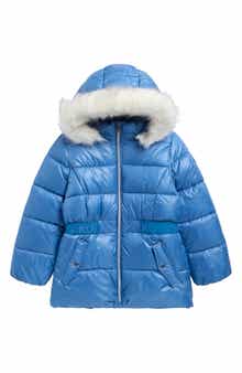 Kids' Faux Fur Trim Logo Waist Puffer Coat