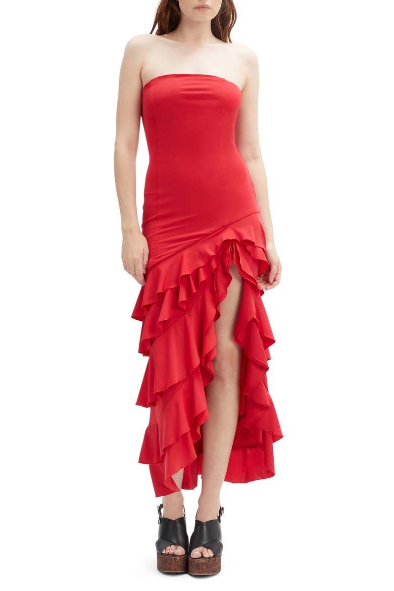 Agastina Ruffle Strapless Maxi Dress, Main, color, DEEP RED