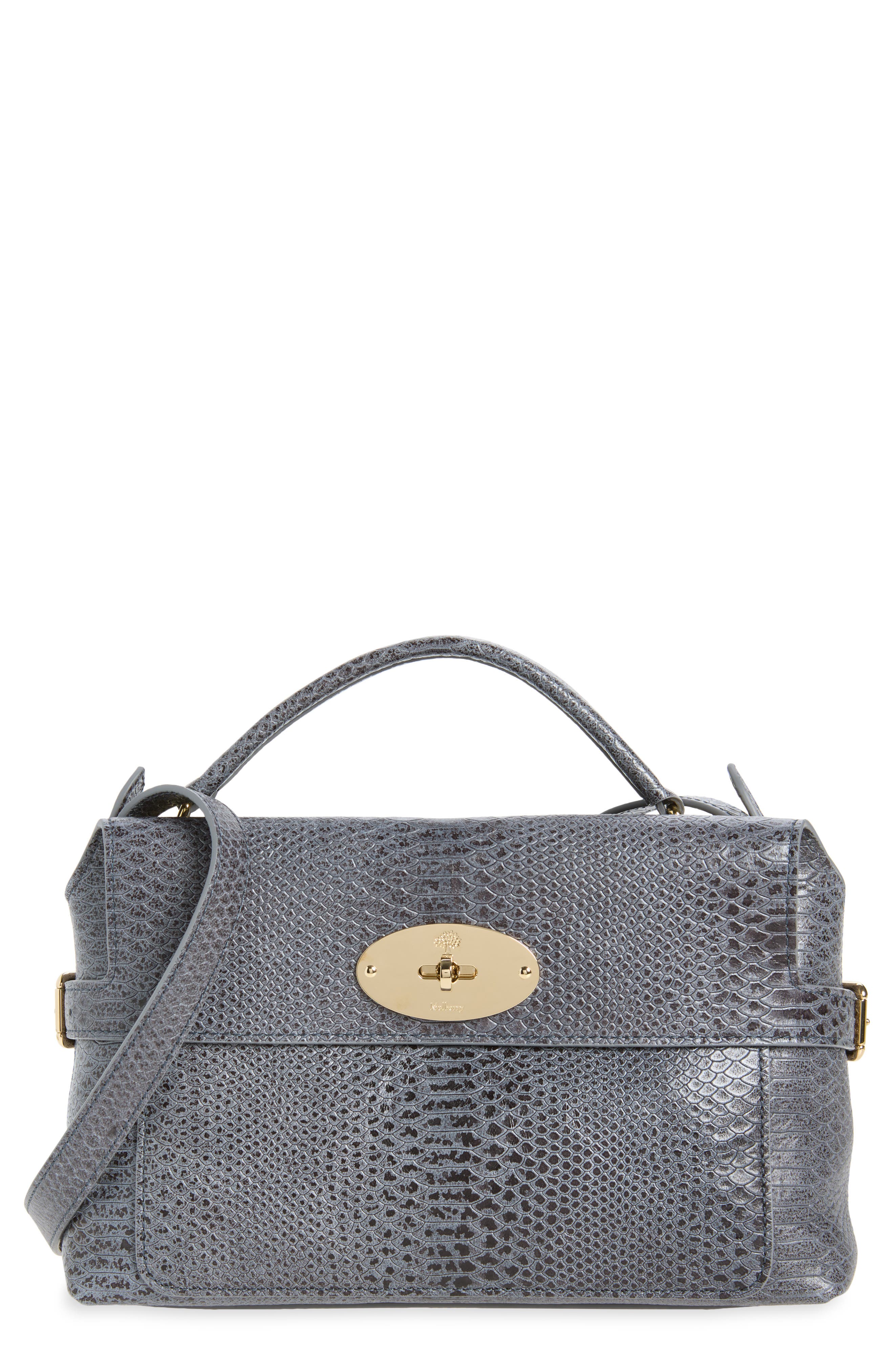 Small Stevie Snake Embossed Leather Top Handle Bag, Main, color, FOGGY GREY