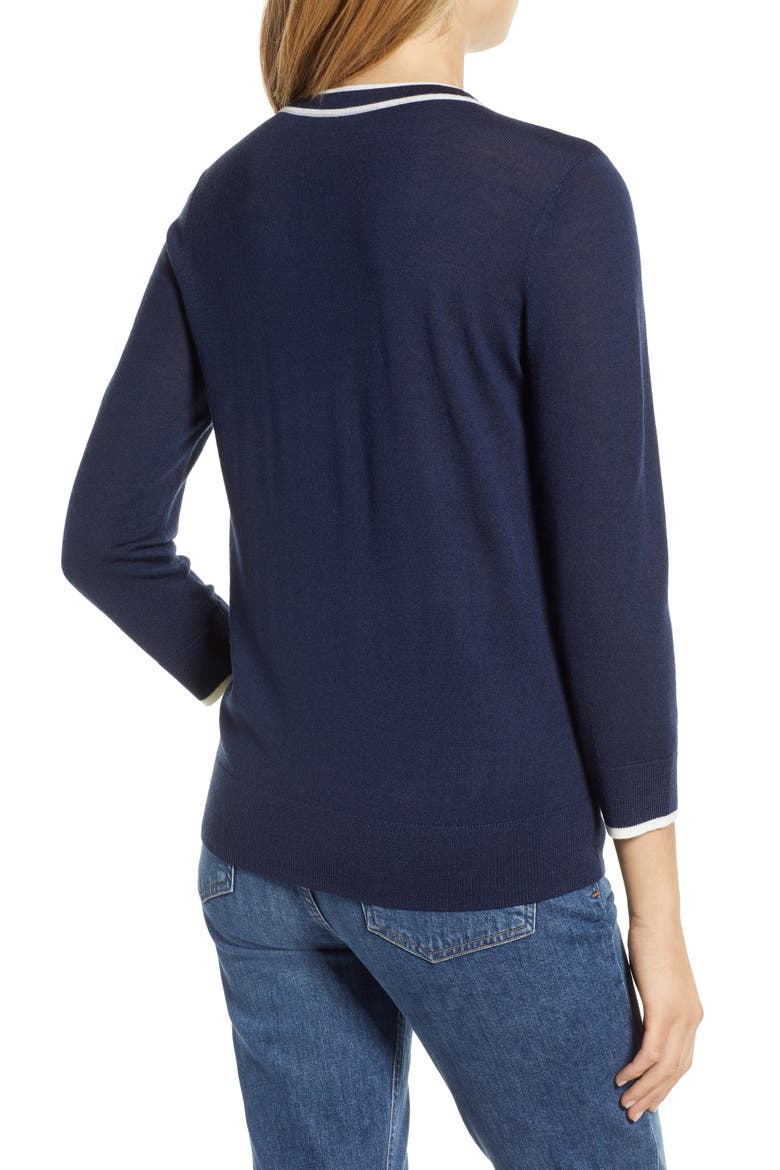 Tipped Tie Neck Wool Blend Sweater, Alternate, color, NAVY- IVORY