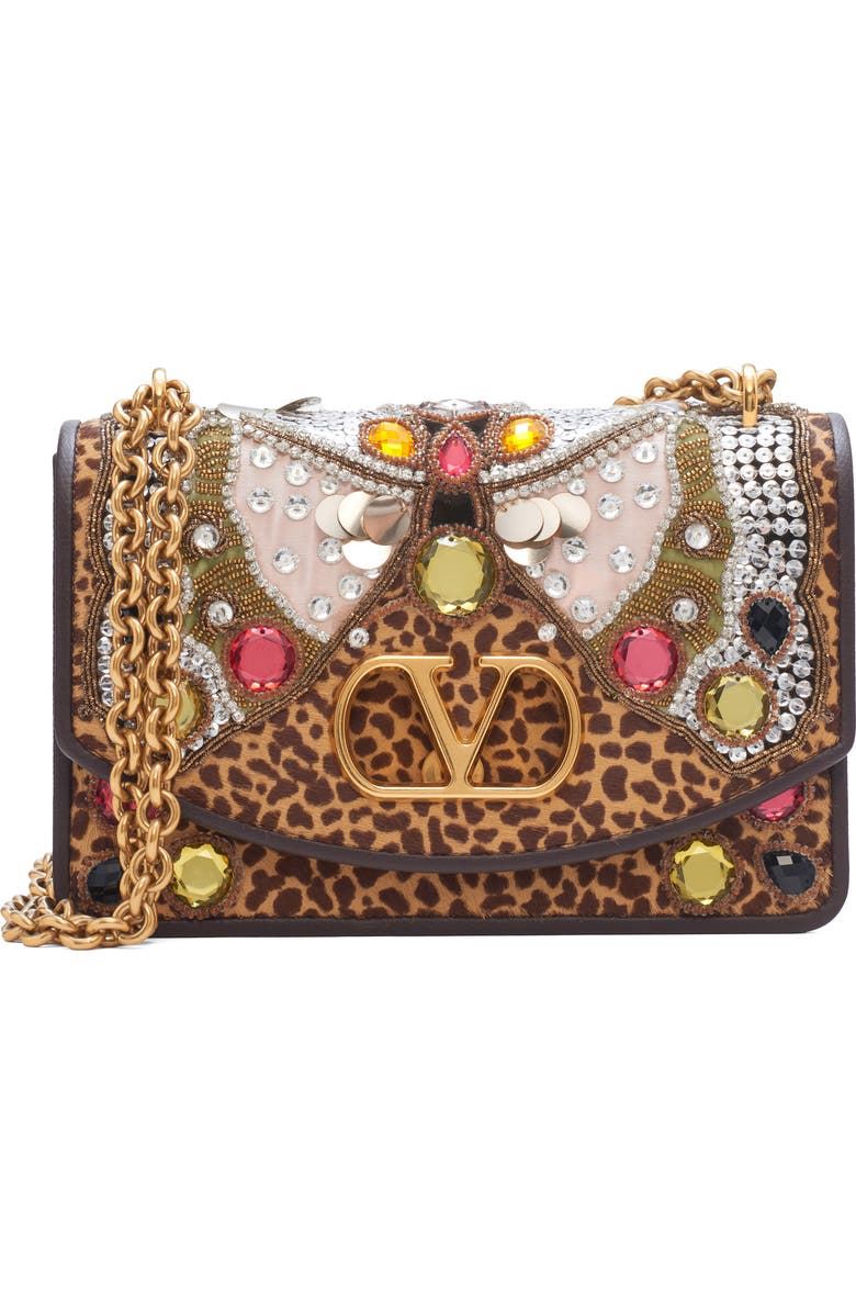 Valentino Garavani DeVain Embellished Genuine Calf Hair Shoulder Bag, Main, color, Brown Multi