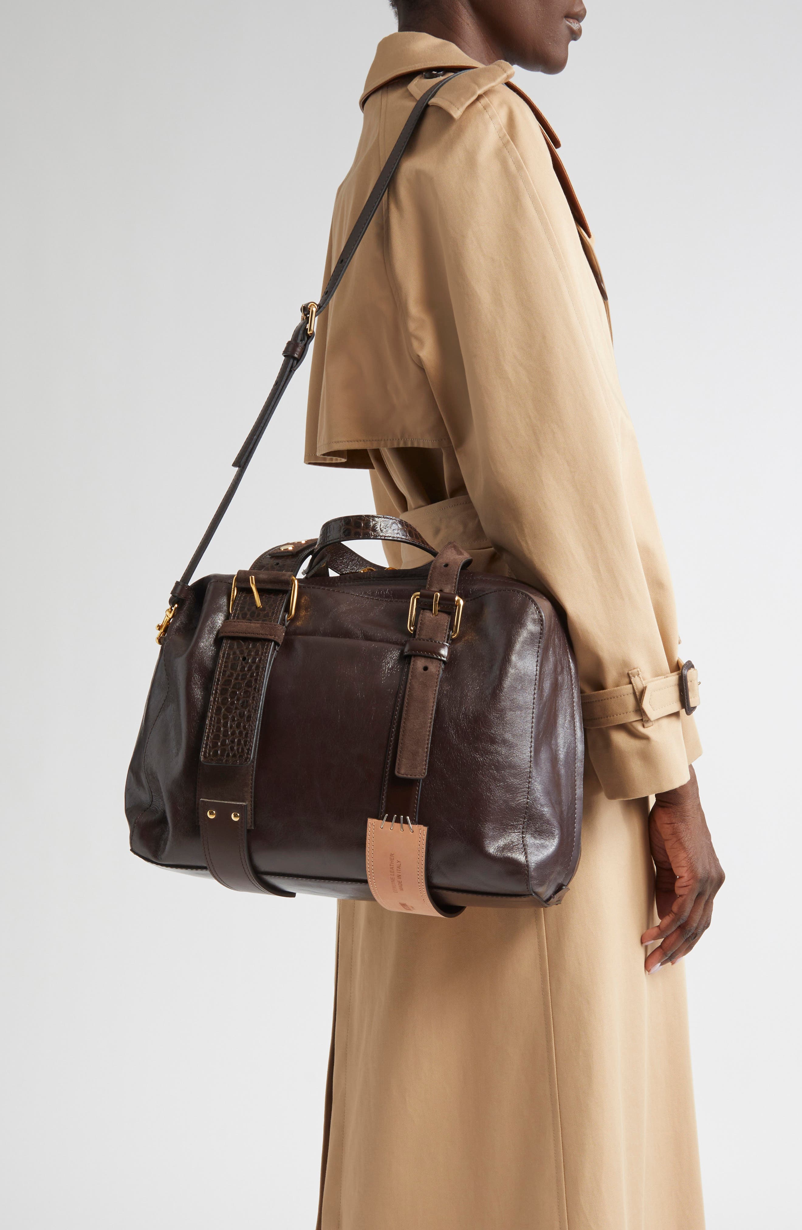 Moschino Leather Top Handle Bowling Bag, Alternate, color, Dark Brown