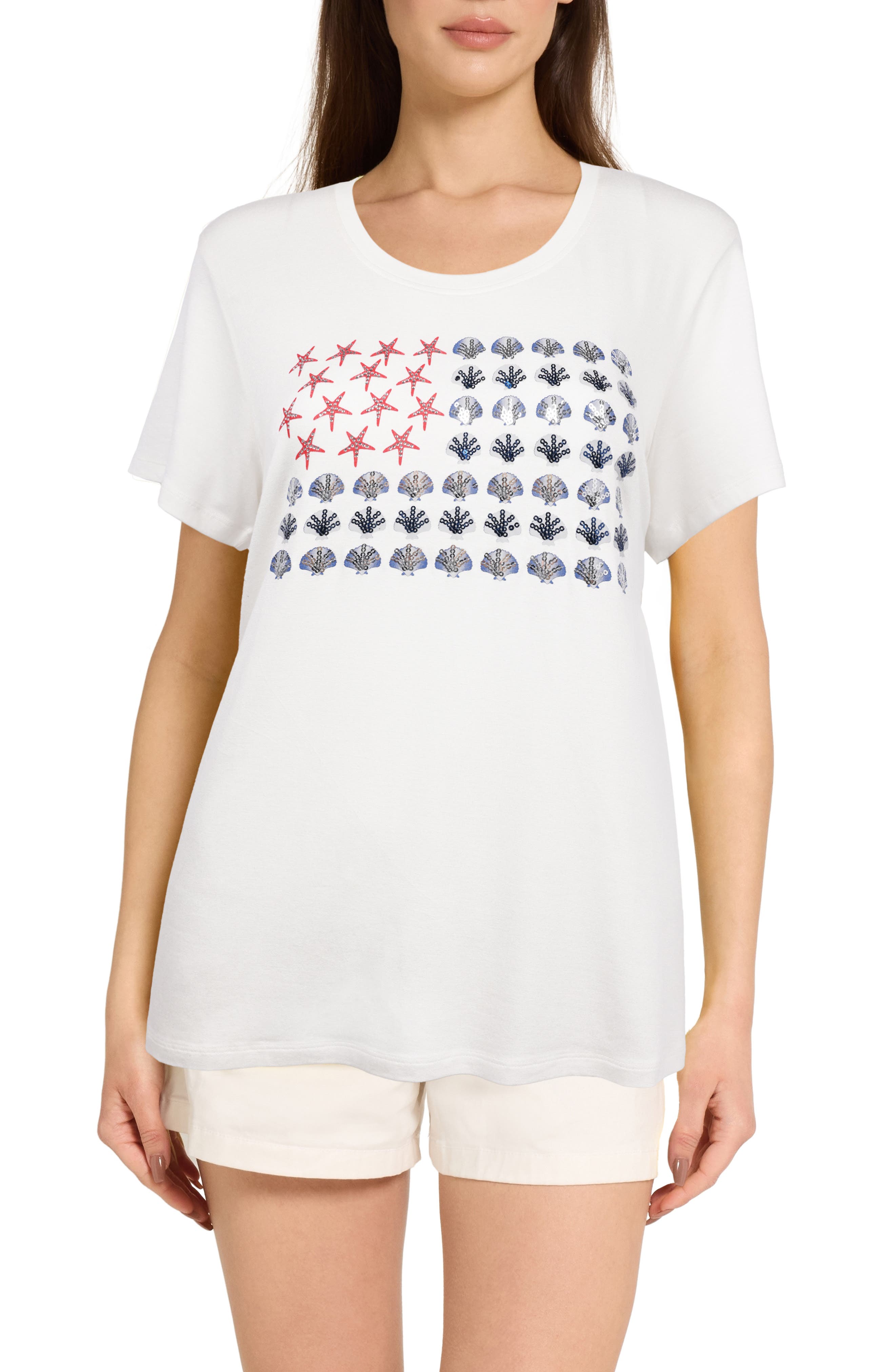 CARIBBEAN JOE Scoop Neck Embellished Flag Graphic T-Shirt