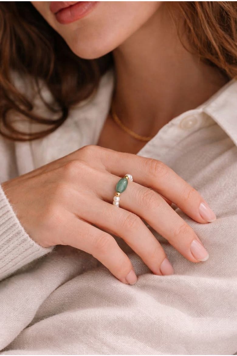 Isa Jade and beaded pearl stretch ring, Alternate, color, Light green