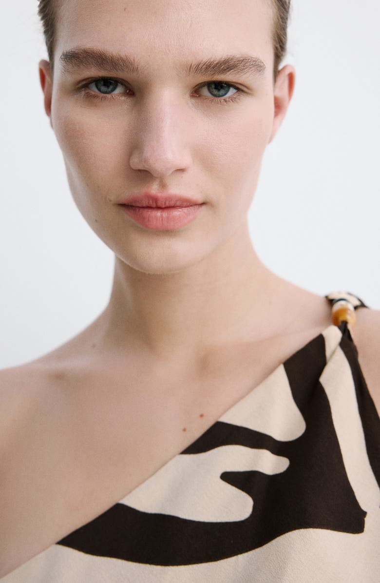 MANGO Zebra Print Beaded One Shoulder Top, Alternate, color, Brown
