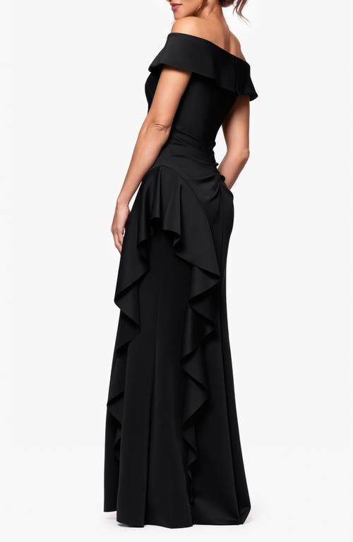 Xscape Evenings Ruffle Off The Shoulder Scuba Knit Gown In Black