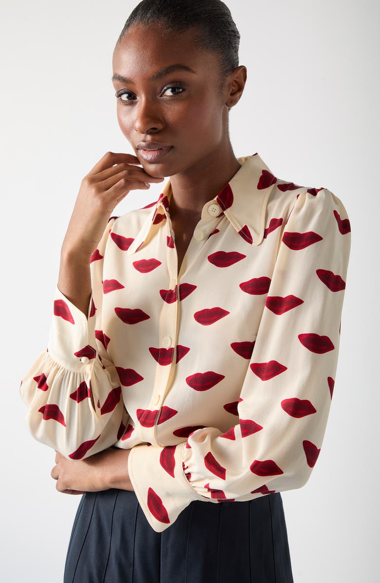 LK Bennett Sonya Lips Print Silk Button-Up Shirt, Alternate, color,