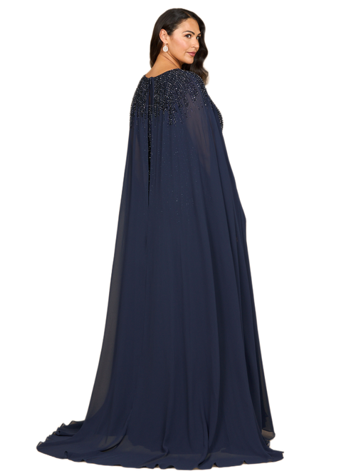 Lara New York Chiffon A-line Long Gown With Long Cape Sleeves In Blue