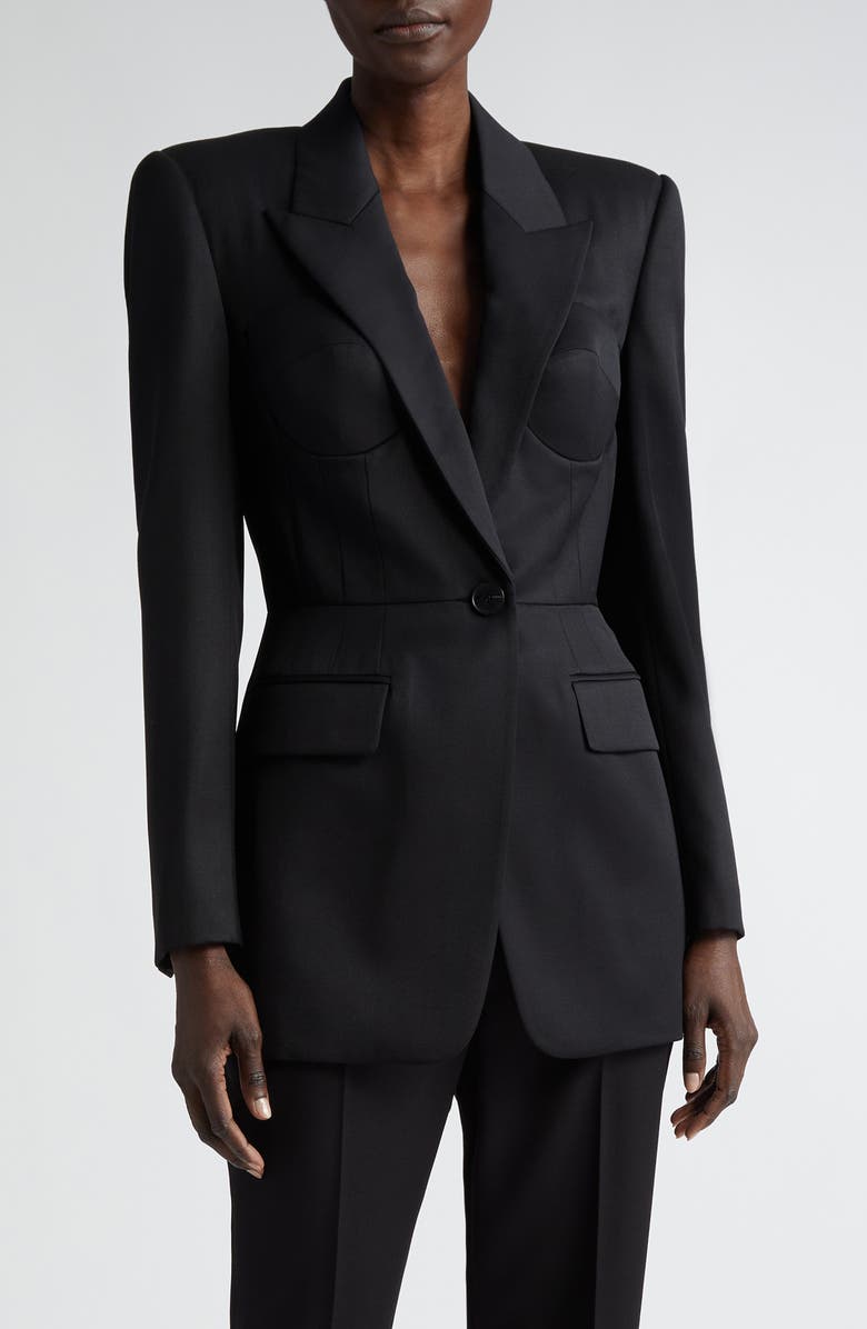 McQueen Trompe l'Oeil Corset Detail Wool Blazer, Main, color, 