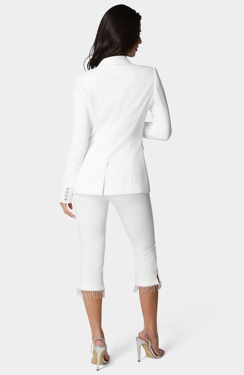 Bebe Mid Waist Rhinestone Fringe Capri In White