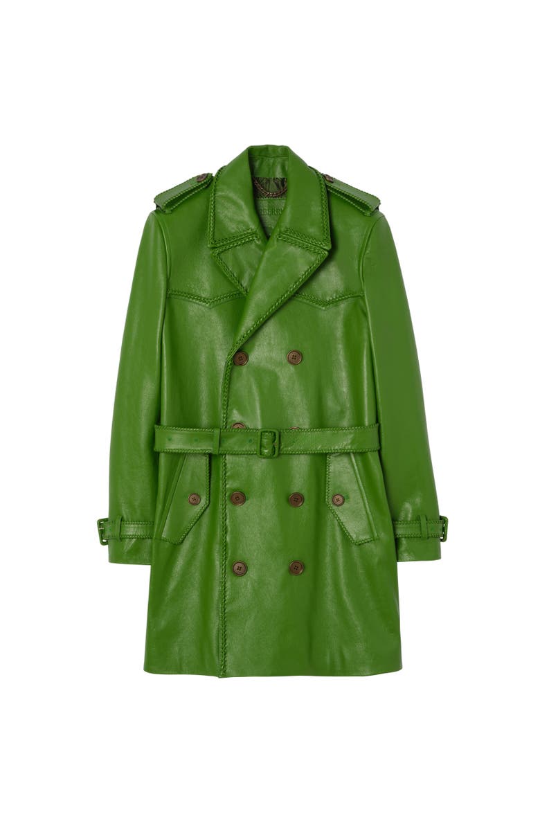 Burberry Mid-length Leather Leverton Trench Coat, Alternate, color, Samphire Green