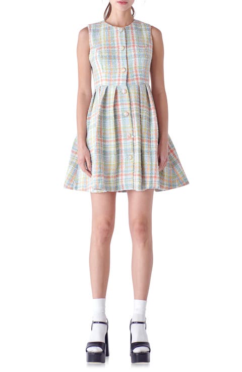 Plaid Pleated Bouclé Minidress