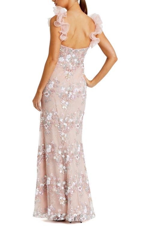 Mac Duggal Embroidered Applique Shoulder Detail Trumpet Gown In Pastel Multi