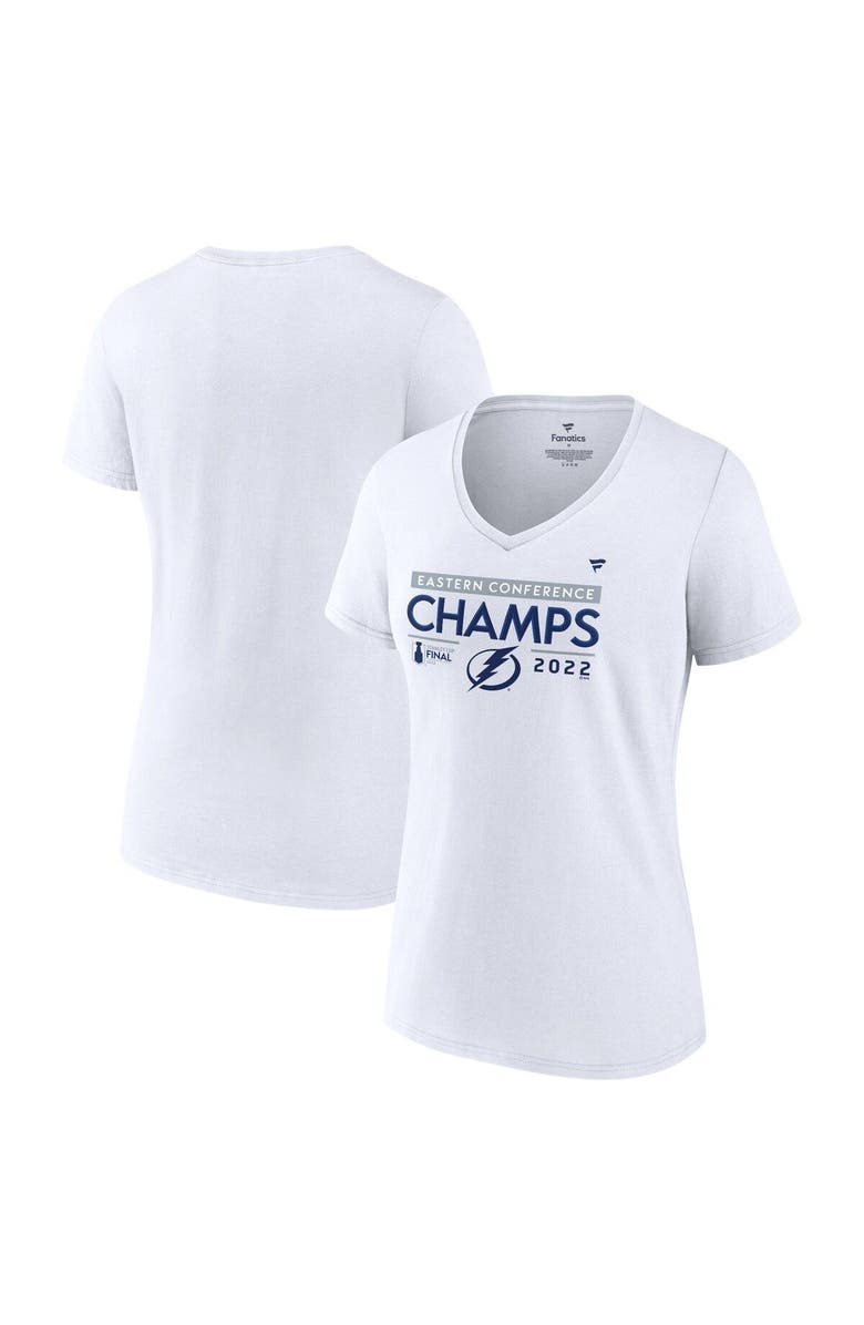 FANATICS Women's Fanatics Branded White Tampa Bay Lightning 2022 Eastern Conference Champions Plus Size Locker Room V-Neck T-Shirt, Main, color,