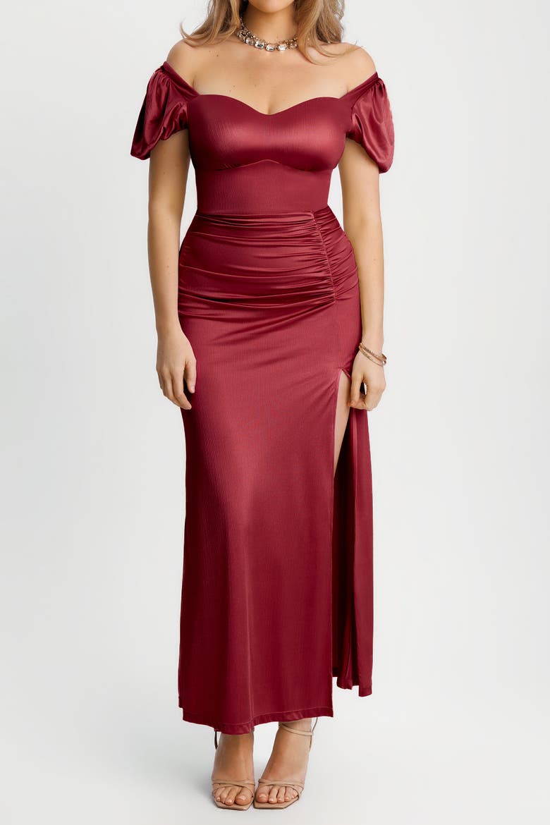 Square Neck Slimming Sculpting Maxi Dress with Sleeves, Alternate, color, Ruby