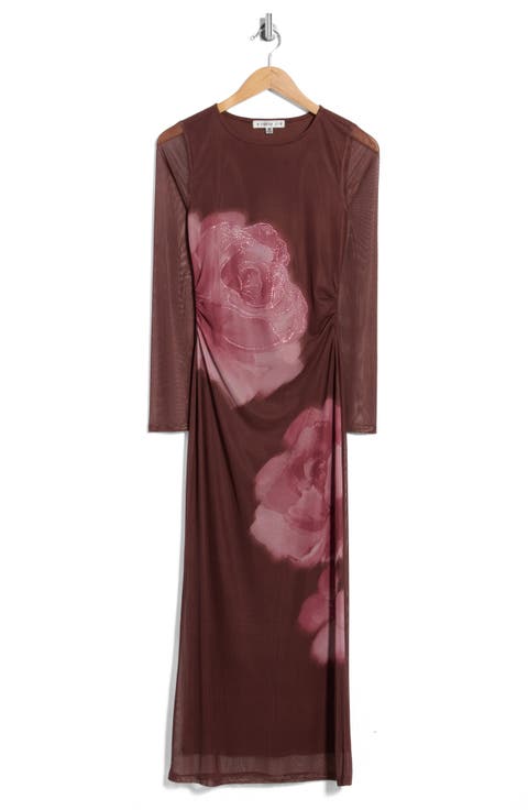 Mesh Long Sleeve Ruched Maxi Dress