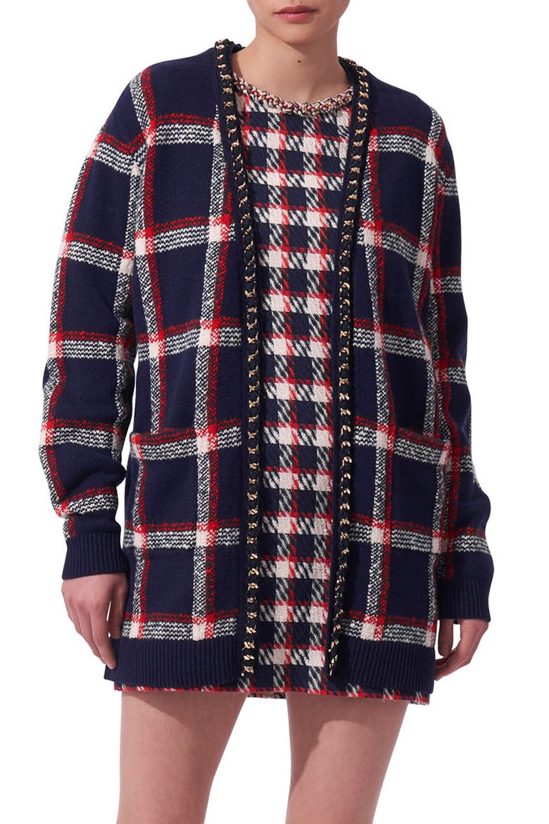 Chain Trim Plaid Wool Cardigan, Main, color, MIDNIGHT MULTI