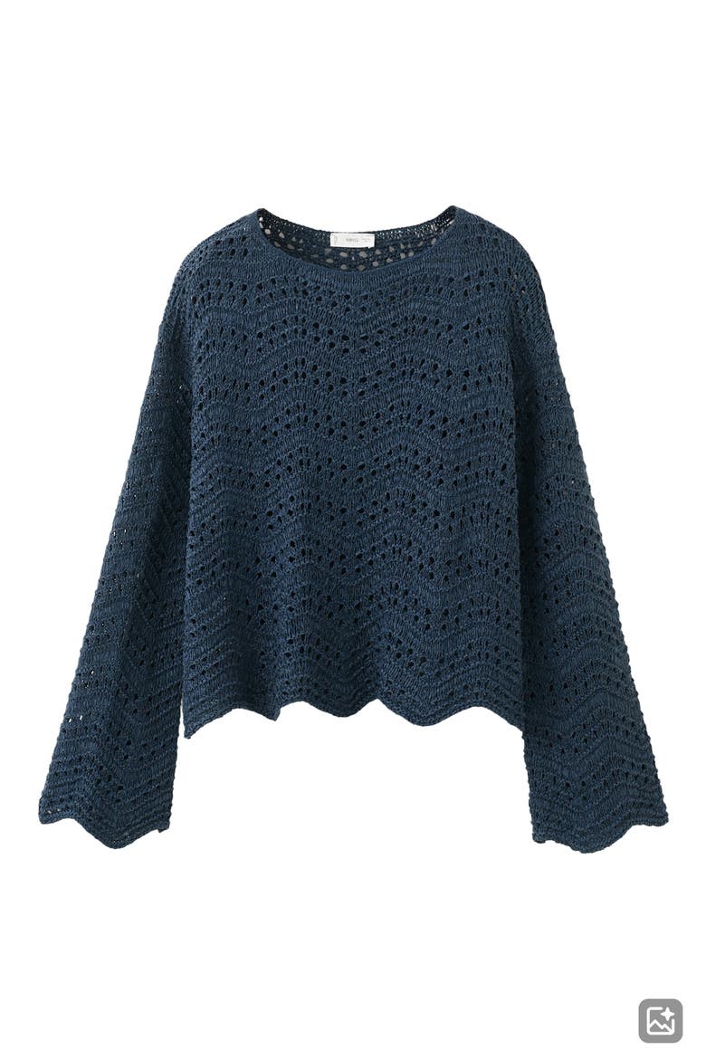 Scallop Hem Openwork Crop Sweater, Alternate, color, NAVY