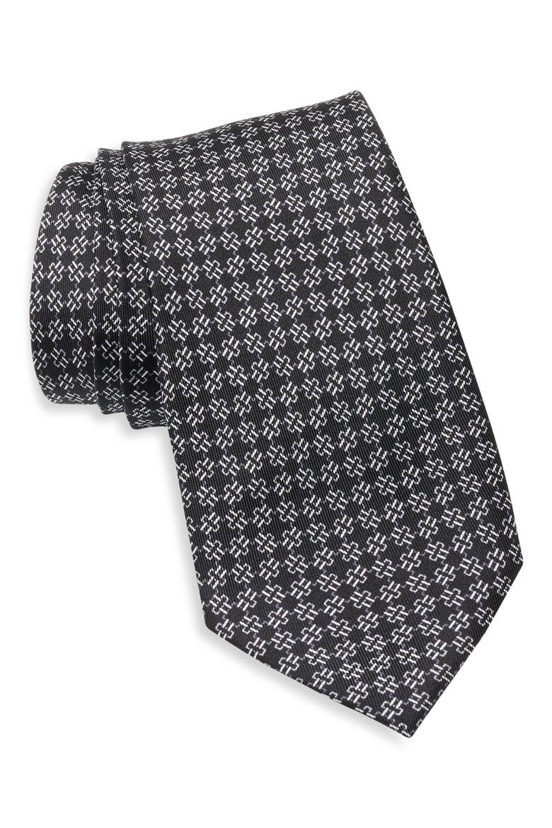Fret & Square Silk Tie, Main, color, BLACK