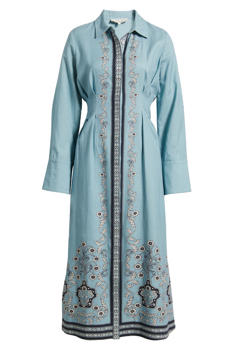 Mirella Placed Print Long Sleeve Cotton & Linen Midi Dress, Alternate, color, CARDAMON BLUE