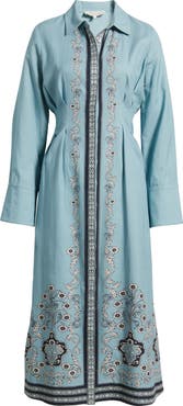Cleobella Mirella Placed Print Long Sleeve Cotton & Linen Midi Dress