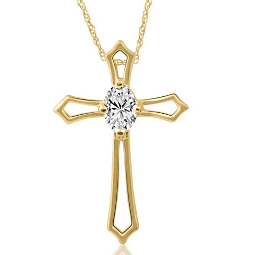 Bliss Diamond 1/3 Ct Oval Diamond Cross Solitaire Pendant Gold Necklace