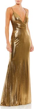 Mac Duggal Metallic Faux Wrap Spaghetti Strap Gown