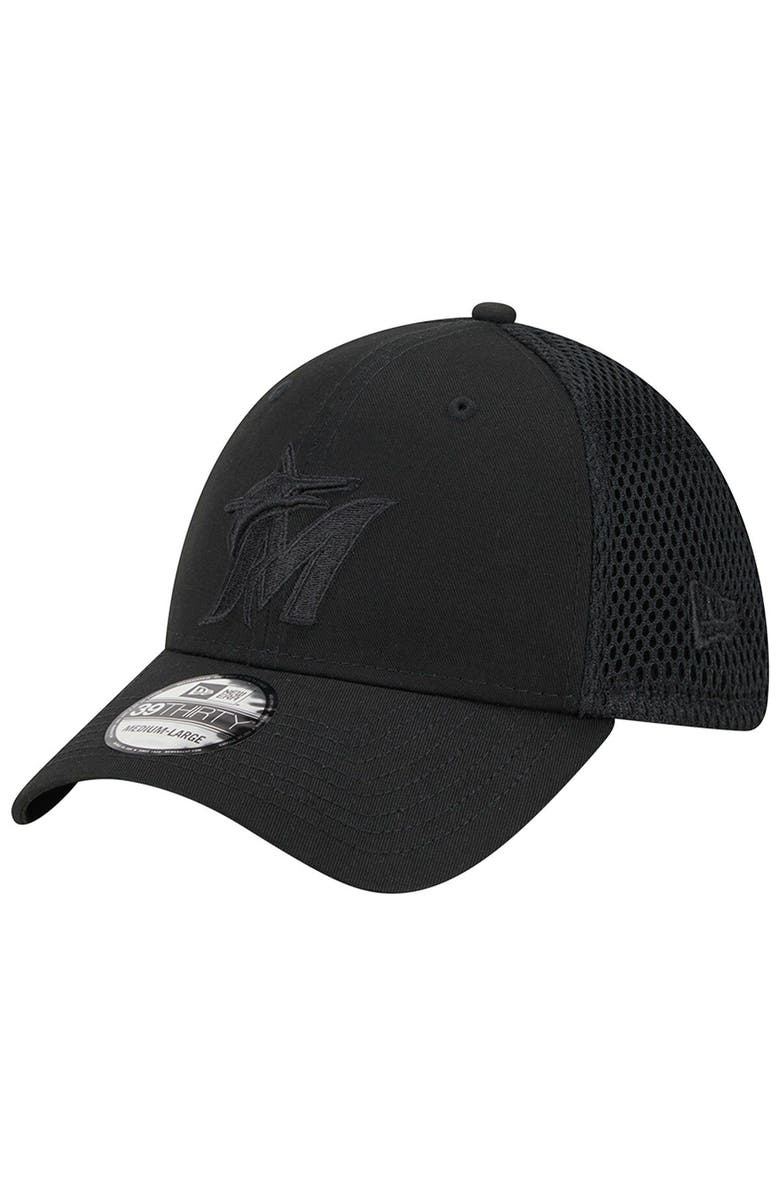 New Era Men's New Era Miami Marlins Black-on-Black Neo Mesh 39THIRTY Flex Hat, Main, color, 