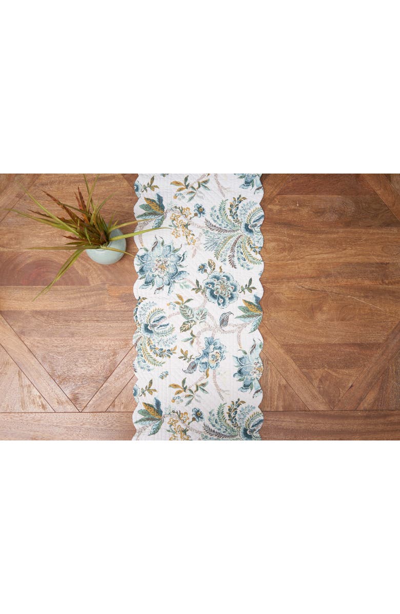 C&F Home Braganza Teal Rectangle Cotton Table Runner 14" x 51" Floral Design All Seasons Kitchen Dining Dinner Table Tablerunner Decor Decoration, Alternate, color, Blue