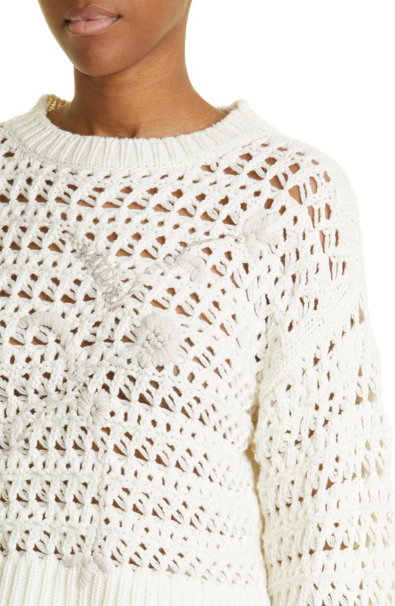 Fabiana Filippi Floral Appliqué Crochet Virgin Wool, Silk & Cashmere Sweater, Alternate, color,