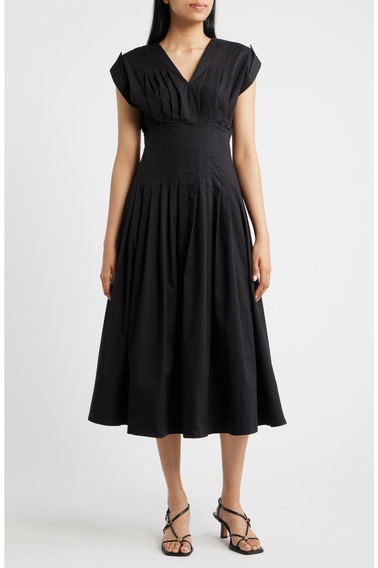 Pleated Waist Stretch Cotton Midi Dress, Main, color, ANNE BLACK