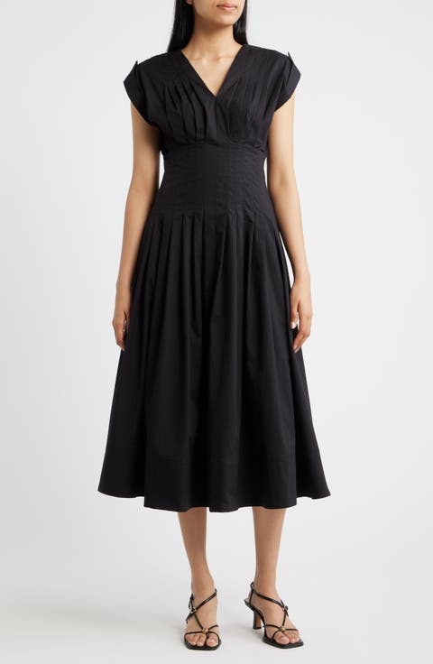 Pleated Waist Stretch Cotton Midi Dress (Regular & Petite)