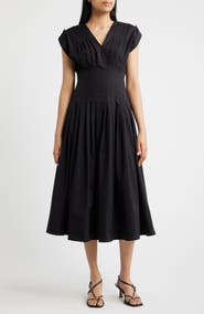 Anne Klein Pleated Waist Stretch Cotton Midi Dress