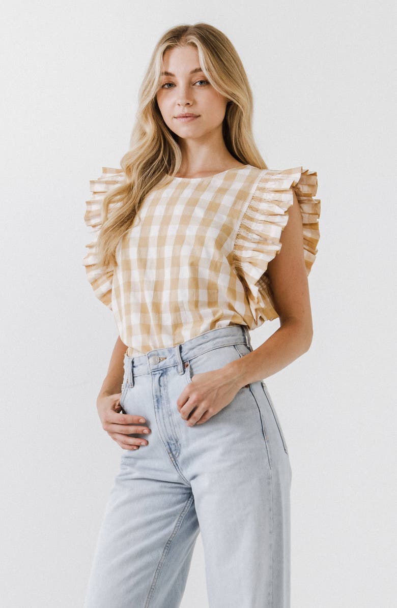 English Factory Gingham Ruffle Sleeve Top, Alternate, color, Beige