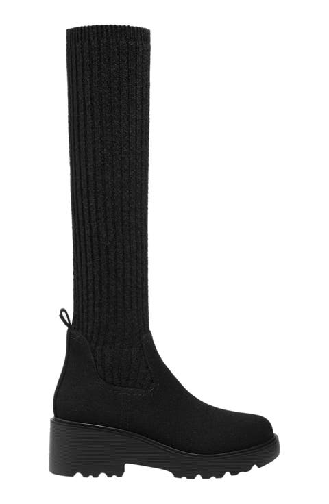 Round-Toe Knee-High Platform Chunky Wool Wedge Boots (Eduarda)