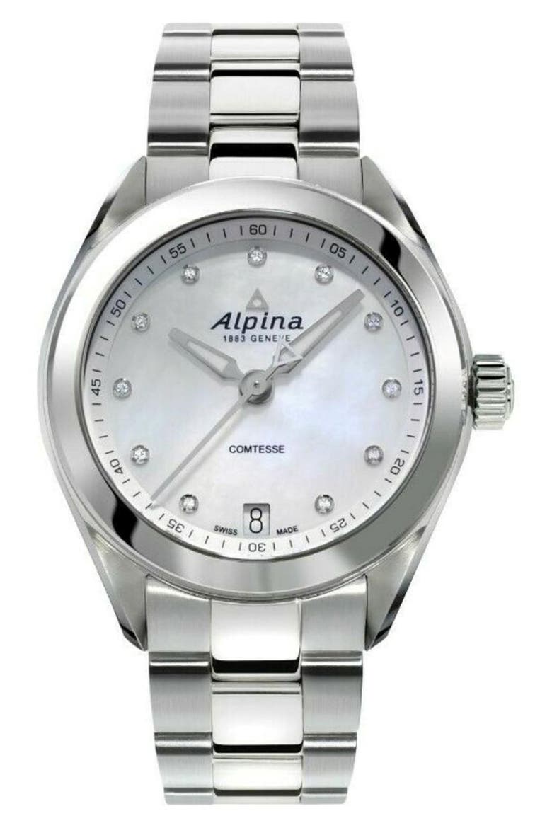 Comtesse Mother-of-Pearl & Diamond Bracelet Watch, 34mm, Main, color, SILVER