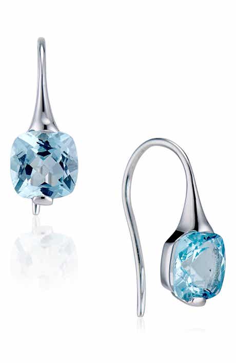 House of Frosted 14K White Gold Cushion Cut Blue Topaz Drop Earrings