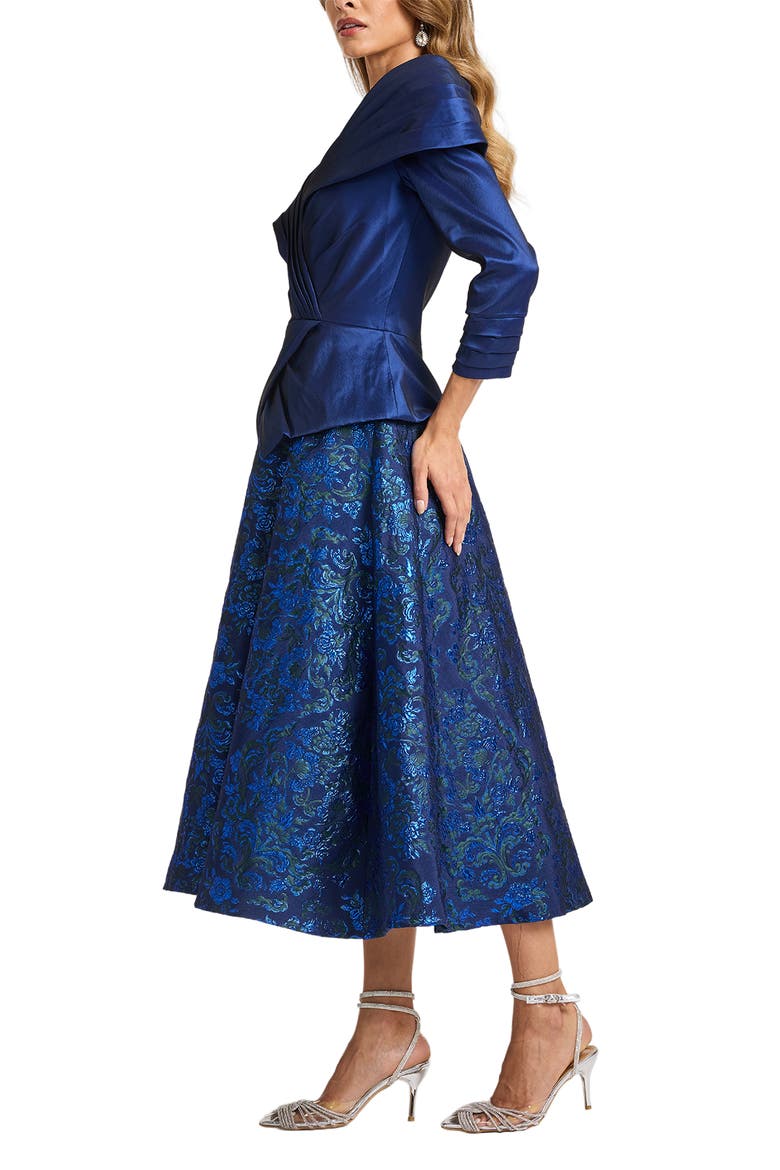 Pleated Shawl Mixed Media Taffeta Floral Jacquard Evening Dress, Alternate, color, NAVY/ MULTI