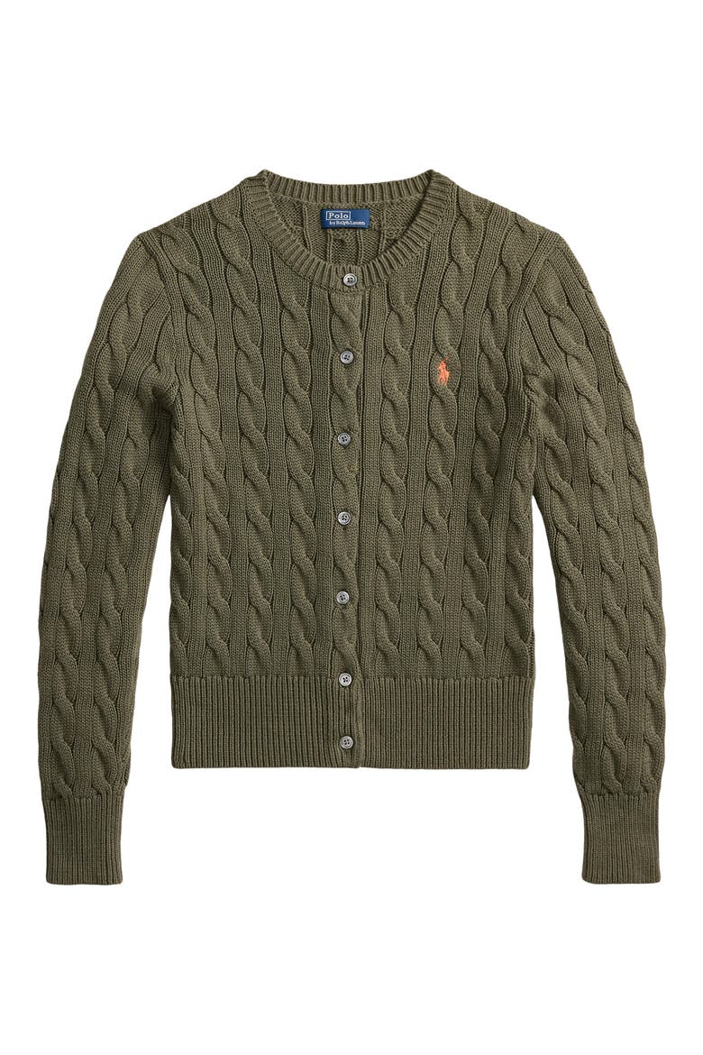 Cable Knit Cotton Crewneck Cardigan, Alternate, color, DENSE OLIVE