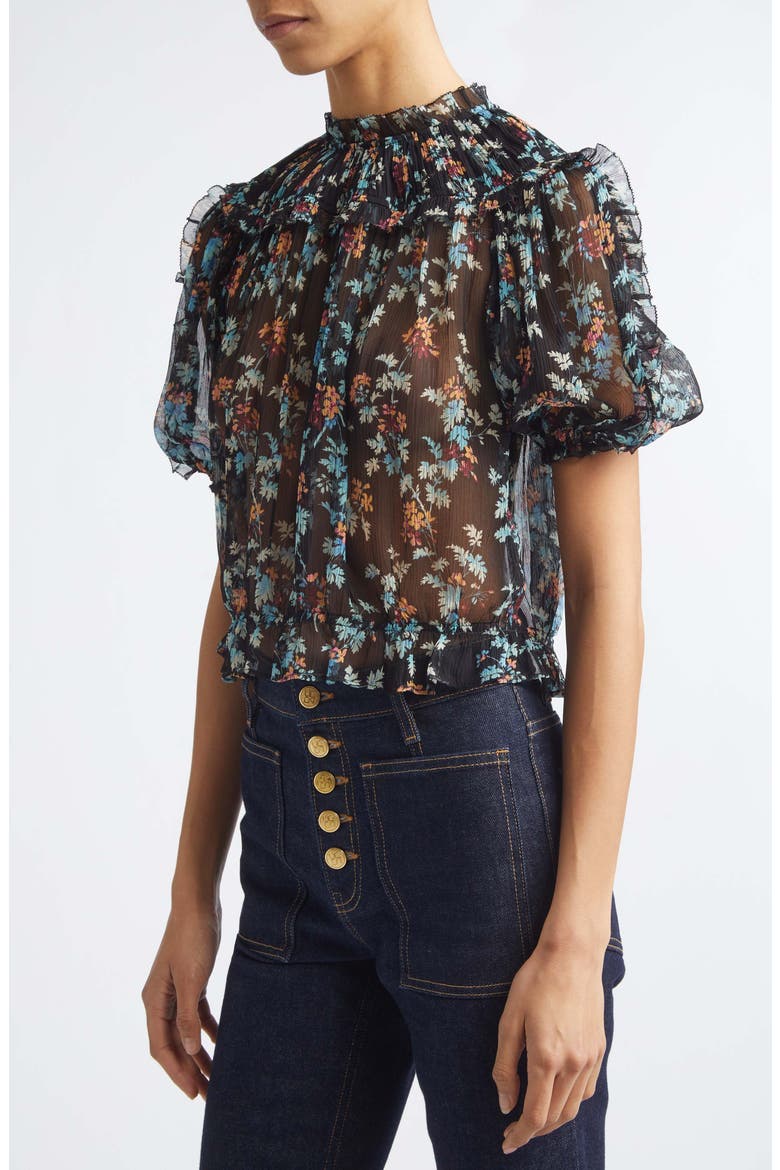 Solenne Puff Sleeve Silk Top, Alternate, color, NIGHTSHADE