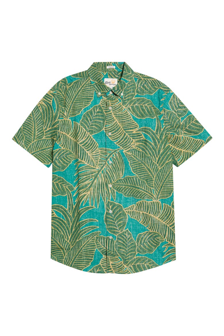 Forest Foliage Short Sleeve Cotton Blend Button-Down Shirt, Alternate, color, GREEN SEA