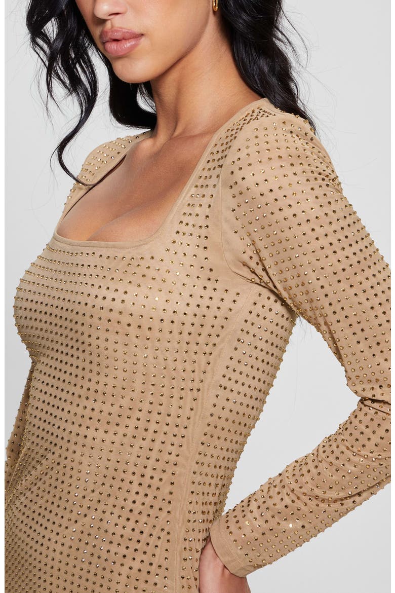 Emilie Rhinestone Long Sleeve Minidress, Alternate, color, WET SAND MULTI
