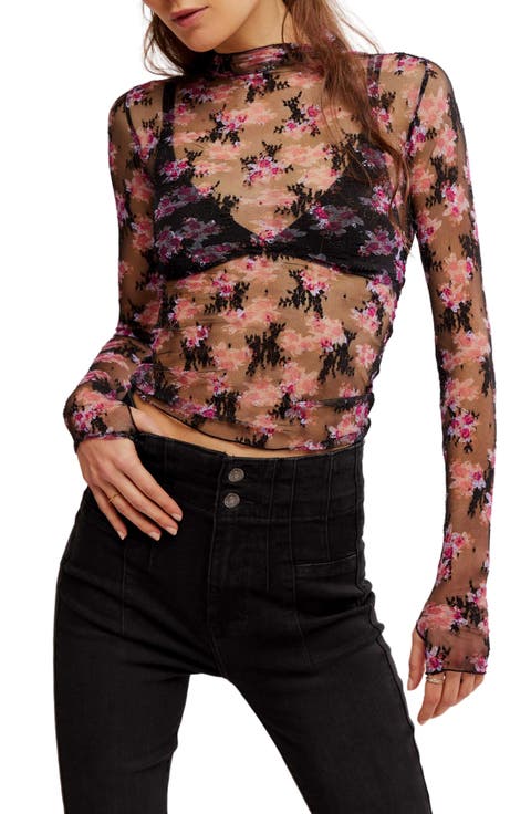 Printed Lady Sheer Embroidered Long Sleeve Top