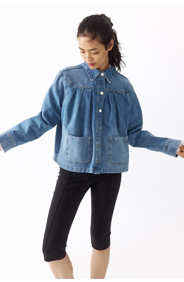 H&M Oversized Pleated Denim Jacket, Alternate, color, Light Denim Blue
